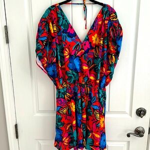 Vibrant tropical surplice mini dress